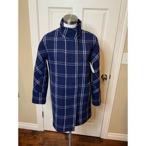 J.Crew Navy Dark Blue & White Windowpane Check Wool Blend Cocoon Coat, Size 2